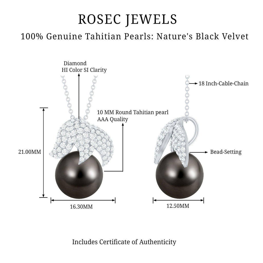 Black Tahitian Pearl and Diamond Leaf Pendant Necklace