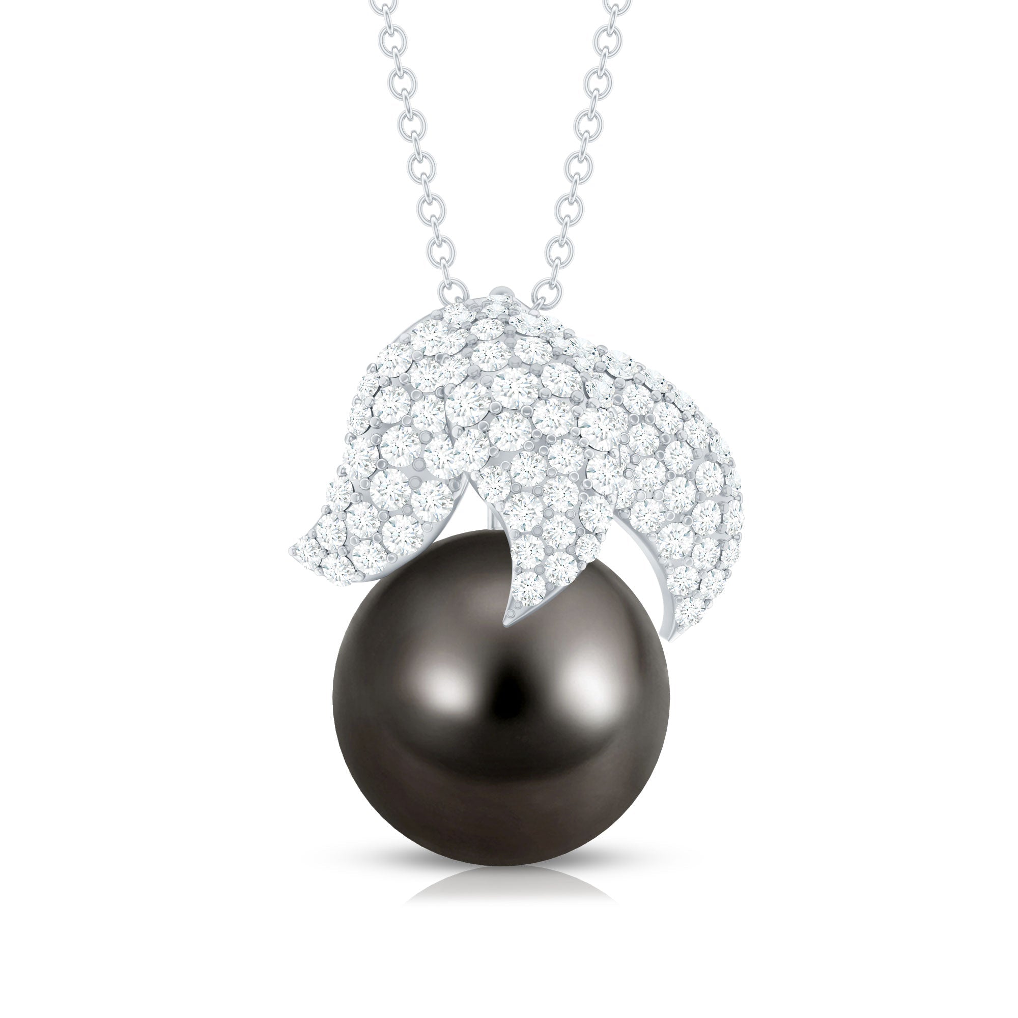 Black Tahitian Pearl and Diamond Leaf Pendant Necklace