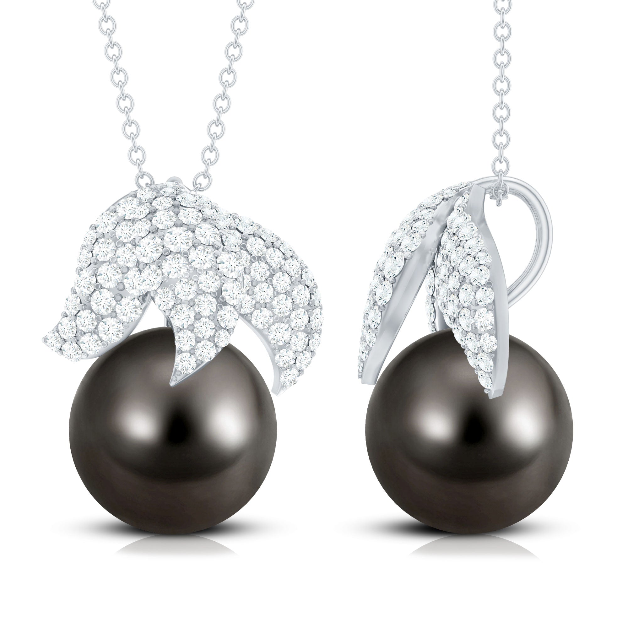 Black Tahitian Pearl and Diamond Leaf Pendant Necklace