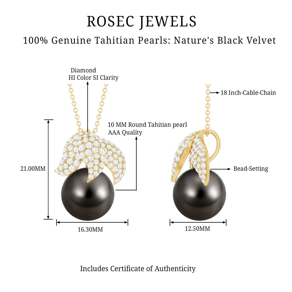 Black Tahitian Pearl and Diamond Leaf Pendant Necklace