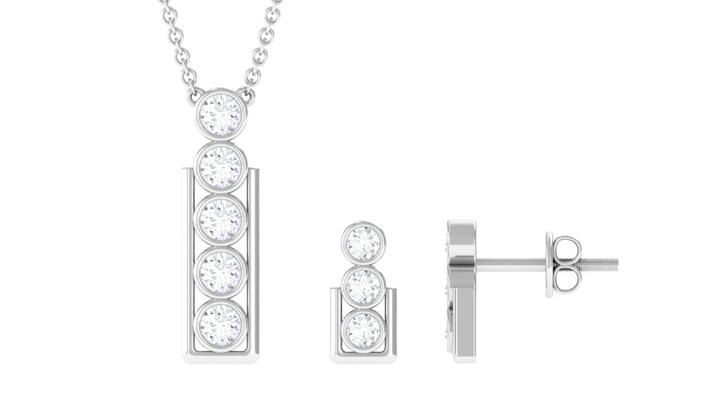 Round Diamond Gold Bar Pendant Earring Set in Bezel Setting
