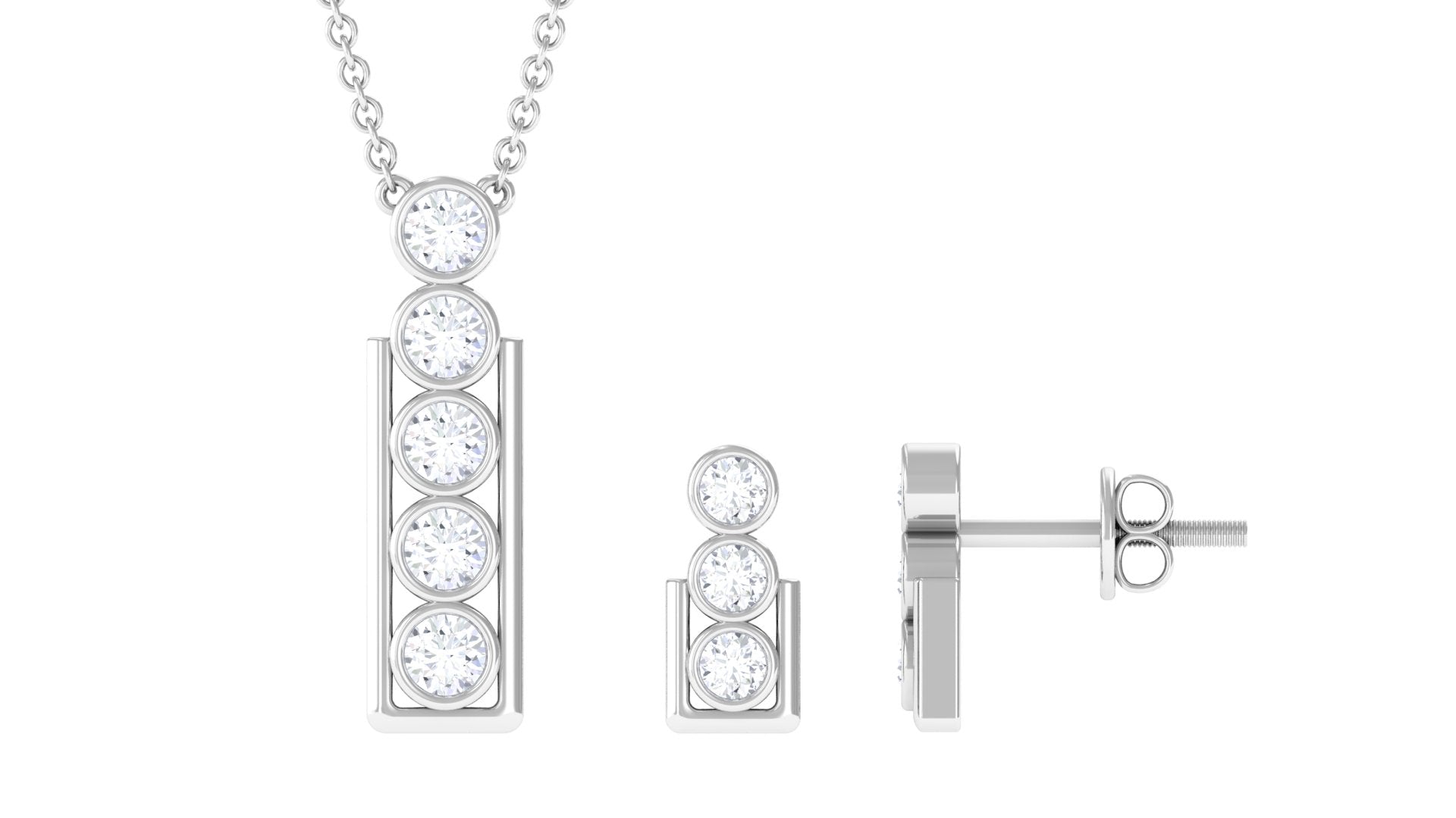 Round Diamond Gold Bar Pendant Earring Set in Bezel Setting