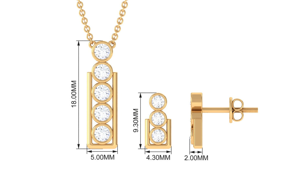 Round Diamond Gold Bar Pendant Earring Set in Bezel Setting