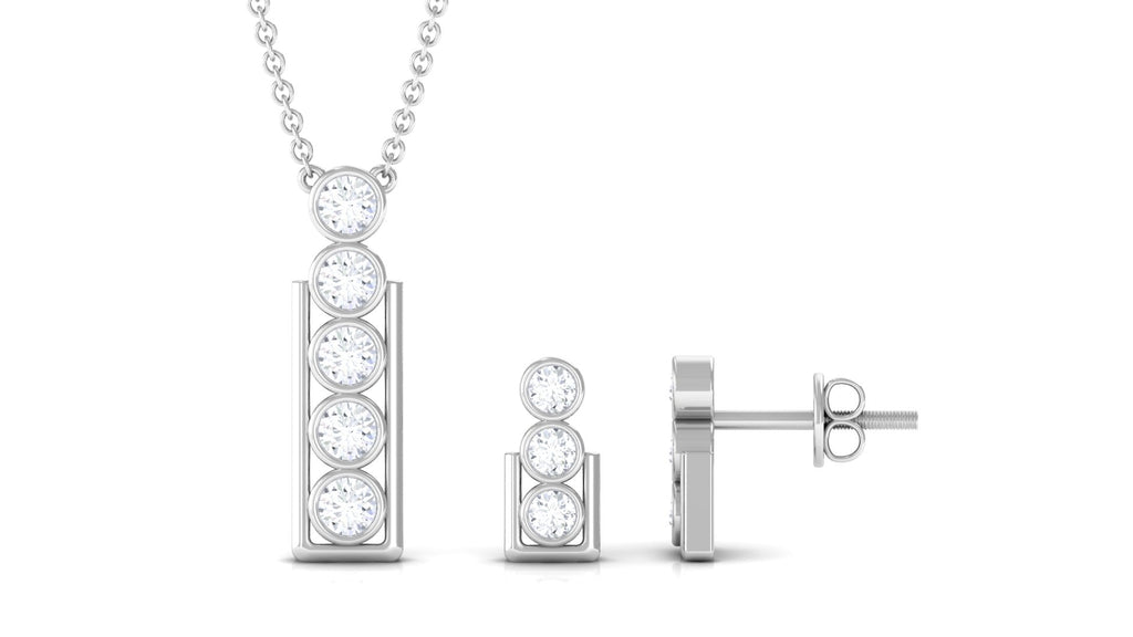 Round Diamond Gold Bar Pendant Earring Set in Bezel Setting