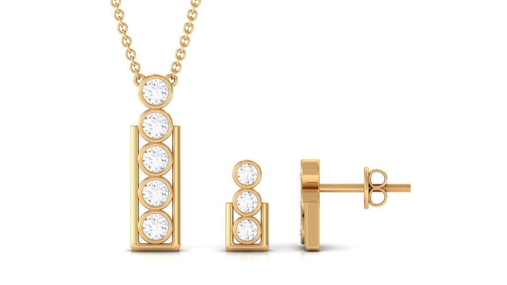 Round Diamond Gold Bar Pendant Earring Set in Bezel Setting