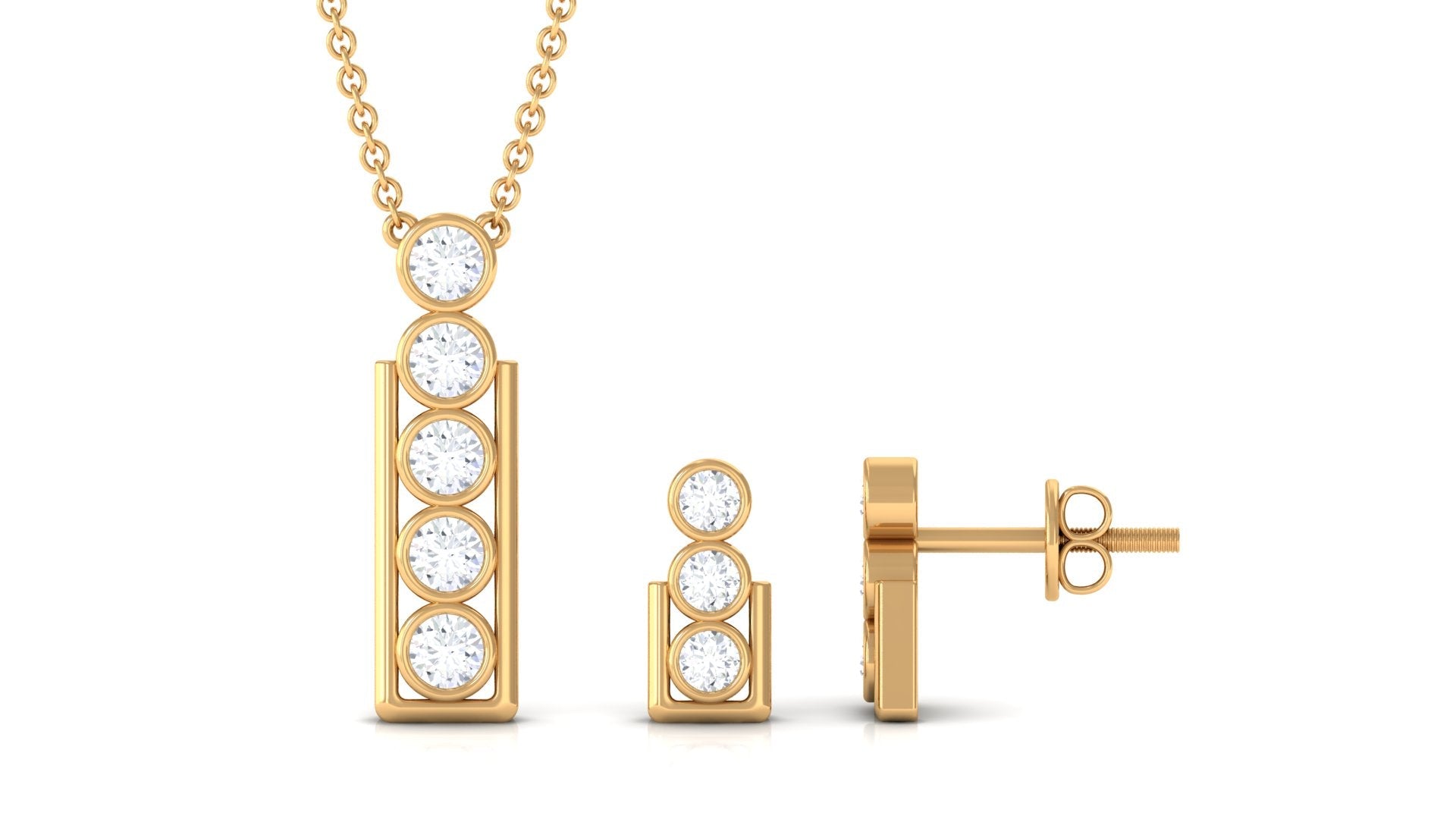 Round Diamond Gold Bar Pendant Earring Set in Bezel Setting