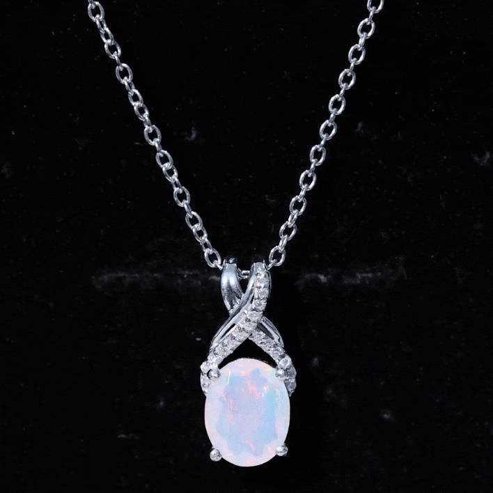8X10 MM Oval Rainbow Opal Solitaire Necklace with Moissanite