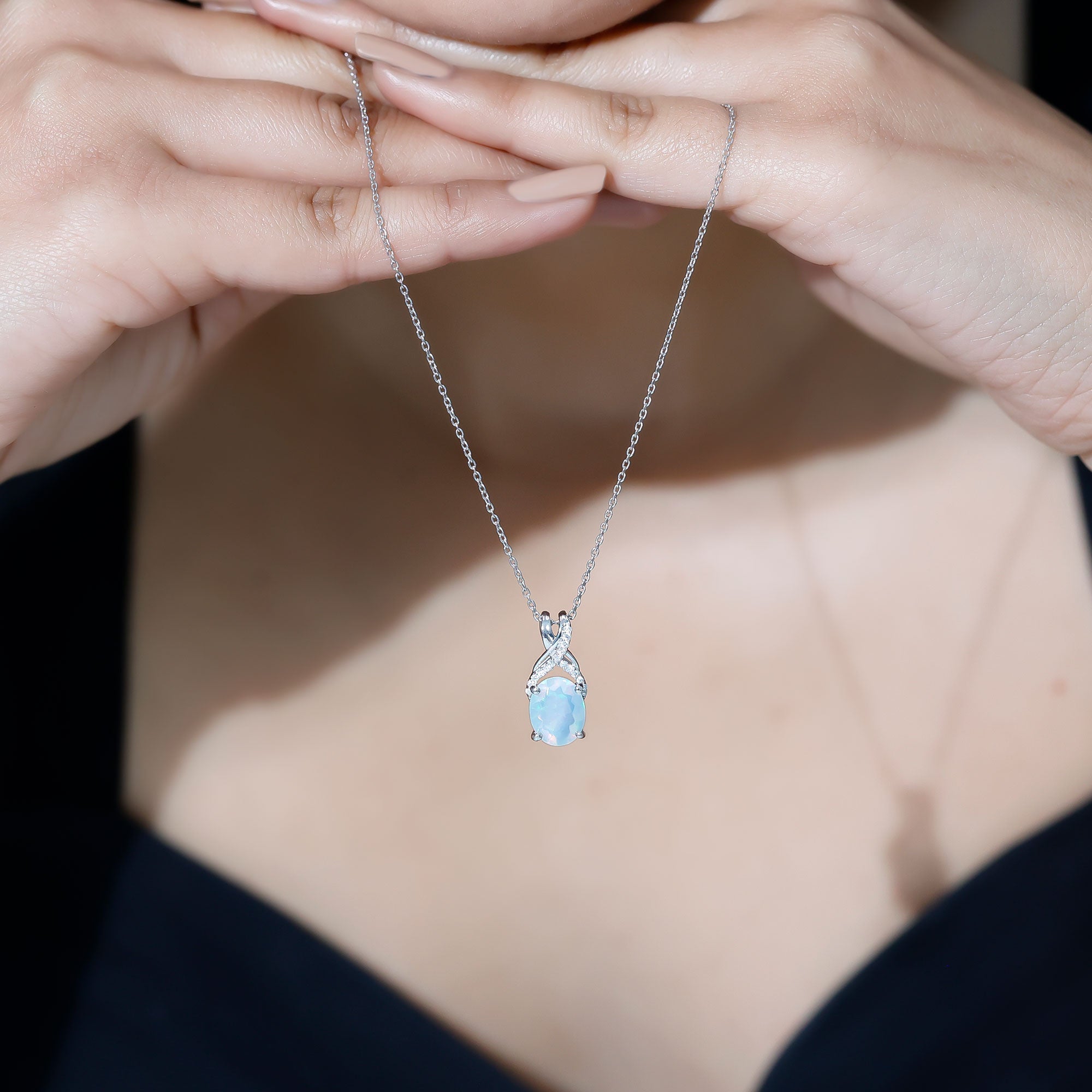 8X10 MM Oval Rainbow Opal Solitaire Necklace with Moissanite