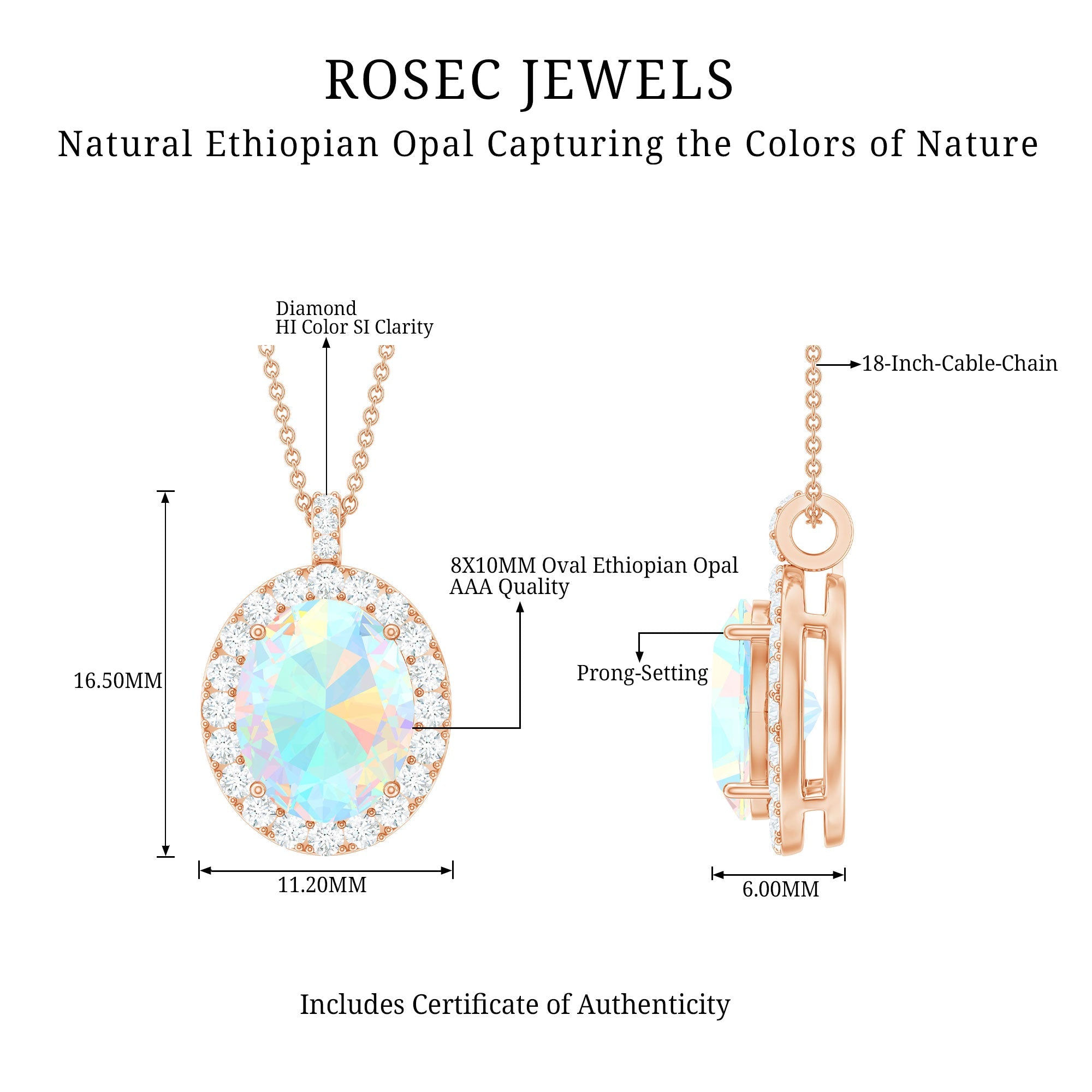 Real 1 Carat Ethiopian Opal Oval Pendant Necklace with Diamond Halo