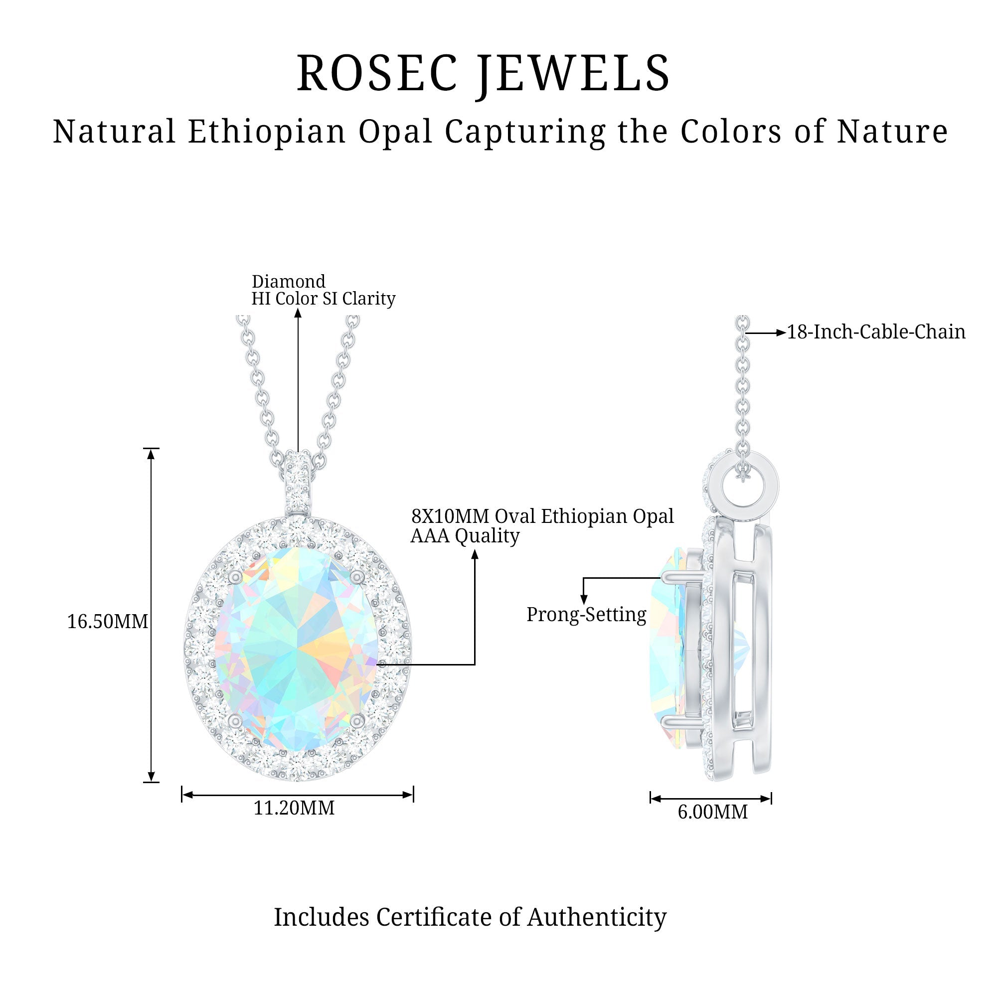 Real 1 Carat Ethiopian Opal Oval Pendant Necklace with Diamond Halo
