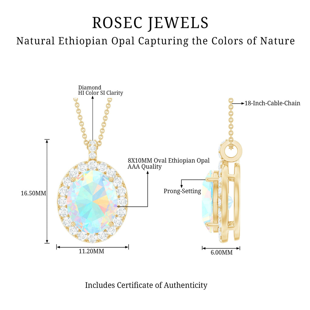Real 1 Carat Ethiopian Opal Oval Pendant Necklace with Diamond Halo