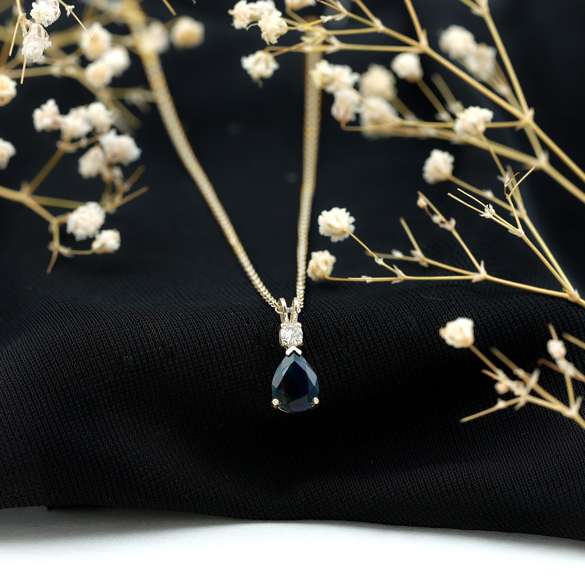 Pear Shaped Black Opal Drop Pendant with Diamond