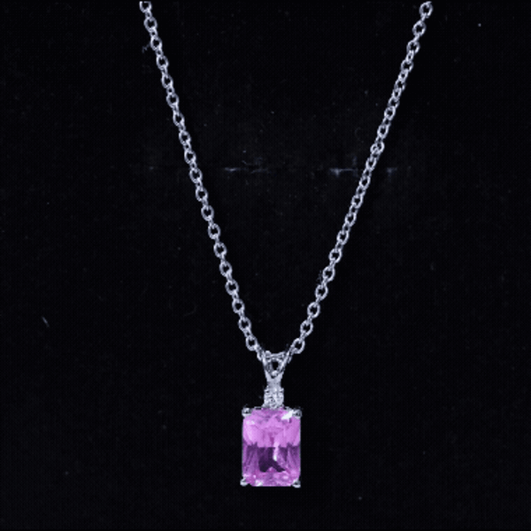 Emerald Cut 1.75 Carat Lab Grown Pink Sapphire Solitaire Necklace with Diamond