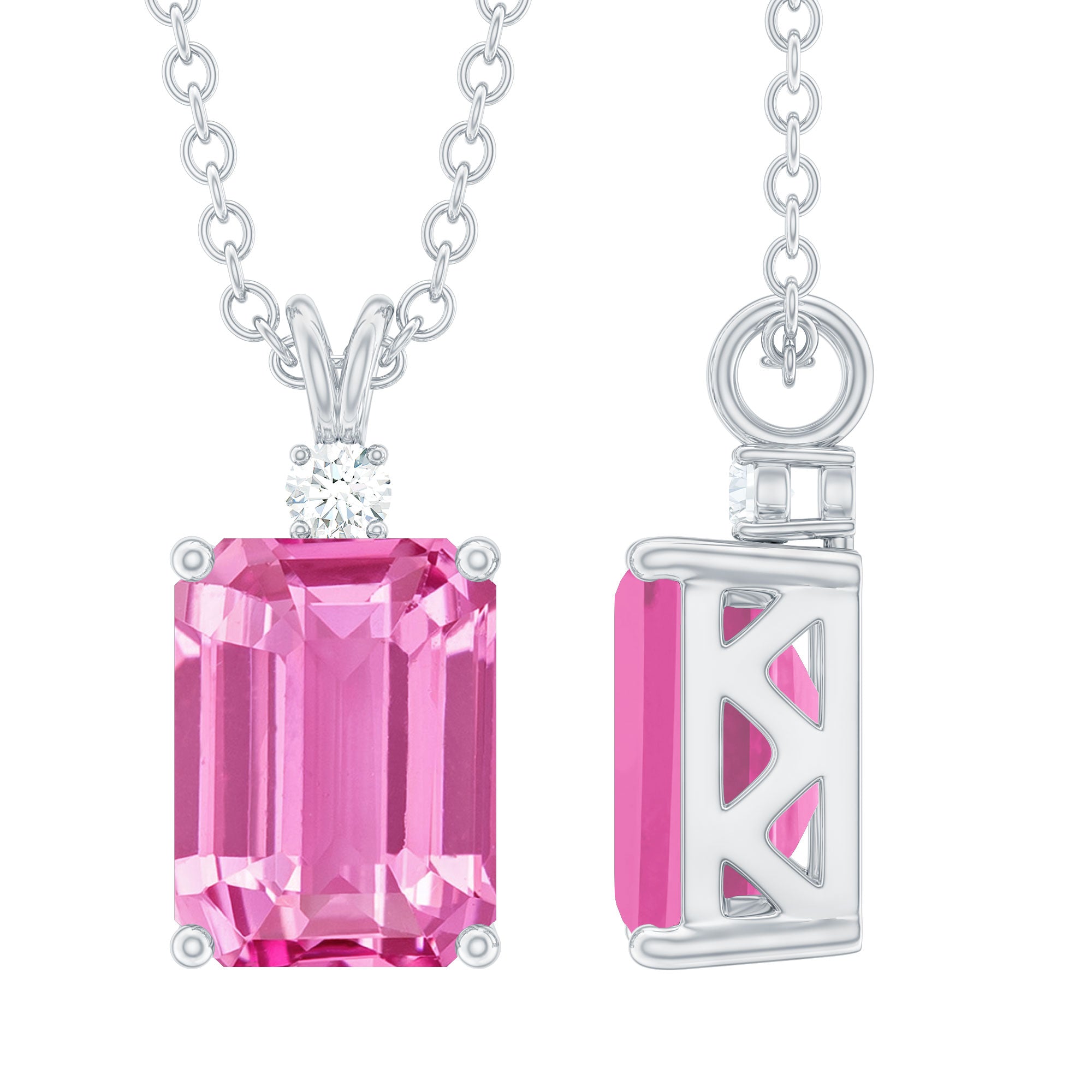Emerald Cut 1.75 Carat Lab Grown Pink Sapphire Solitaire Necklace with Diamond