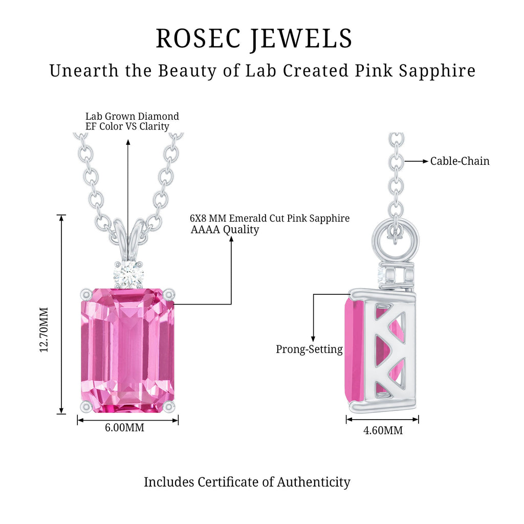 Emerald Cut 1.75 Carat Lab Grown Pink Sapphire Solitaire Necklace with Diamond