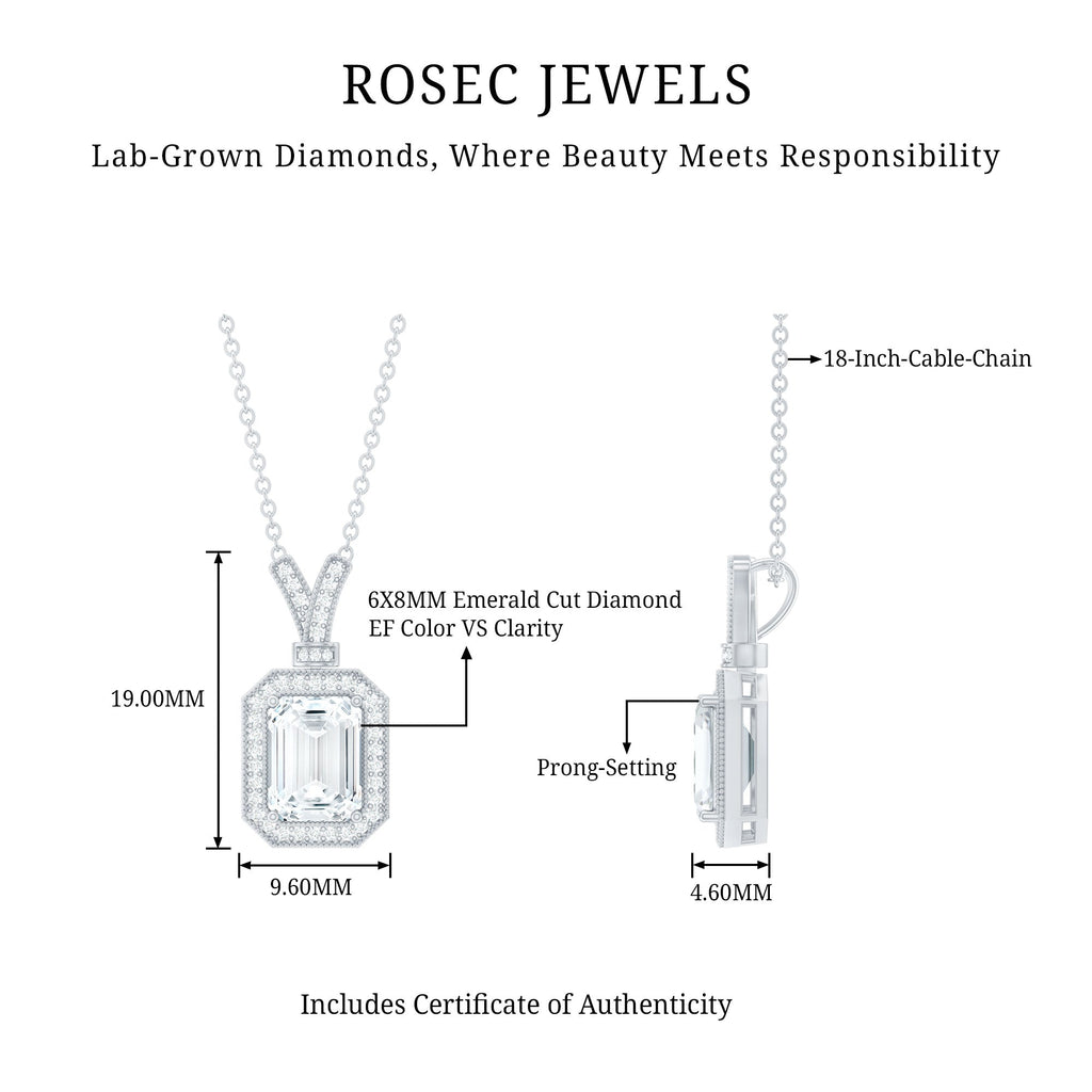 Lab Created Diamond 6X8 MM Emerald Cut Halo Necklace