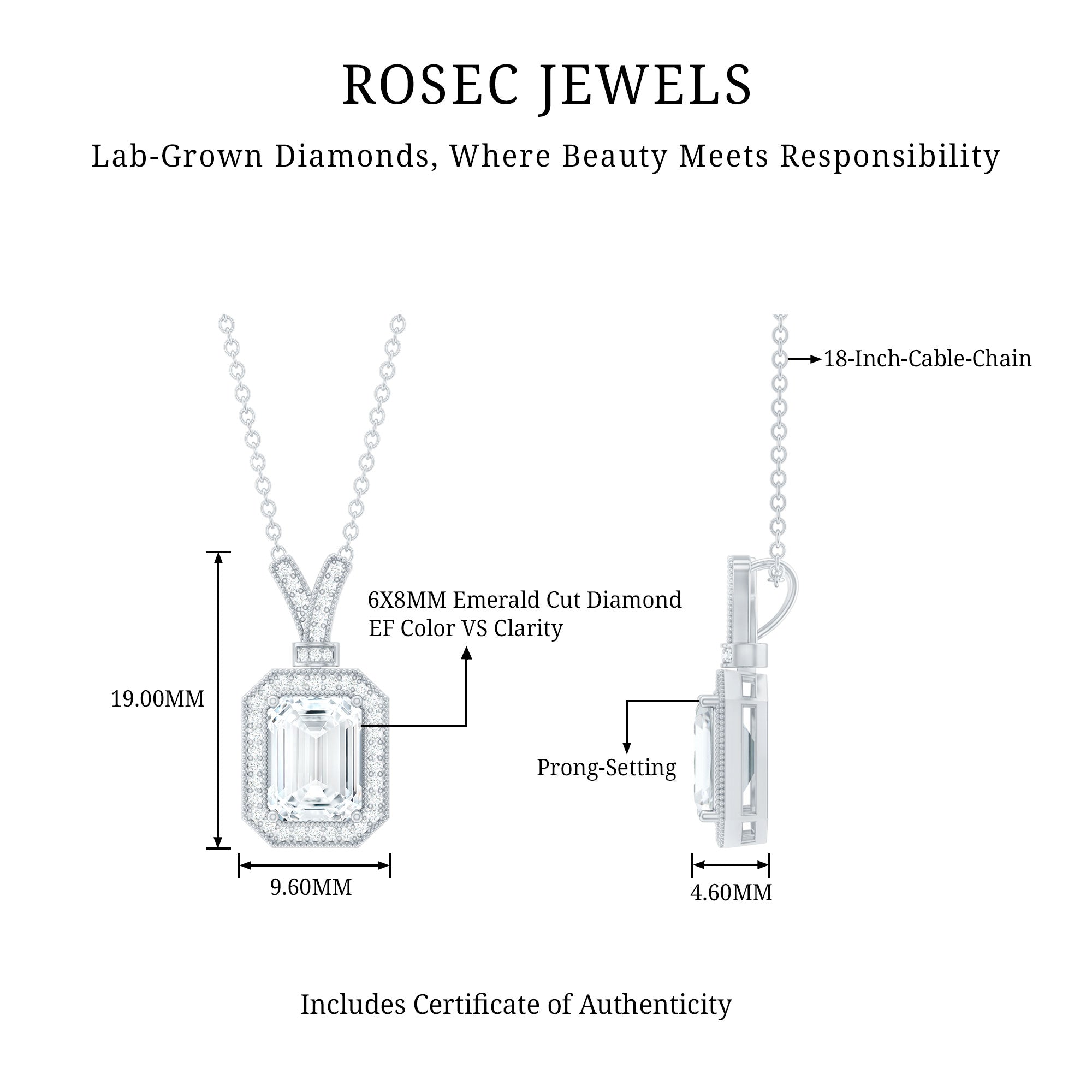 Lab Created Diamond 6X8 MM Emerald Cut Halo Necklace
