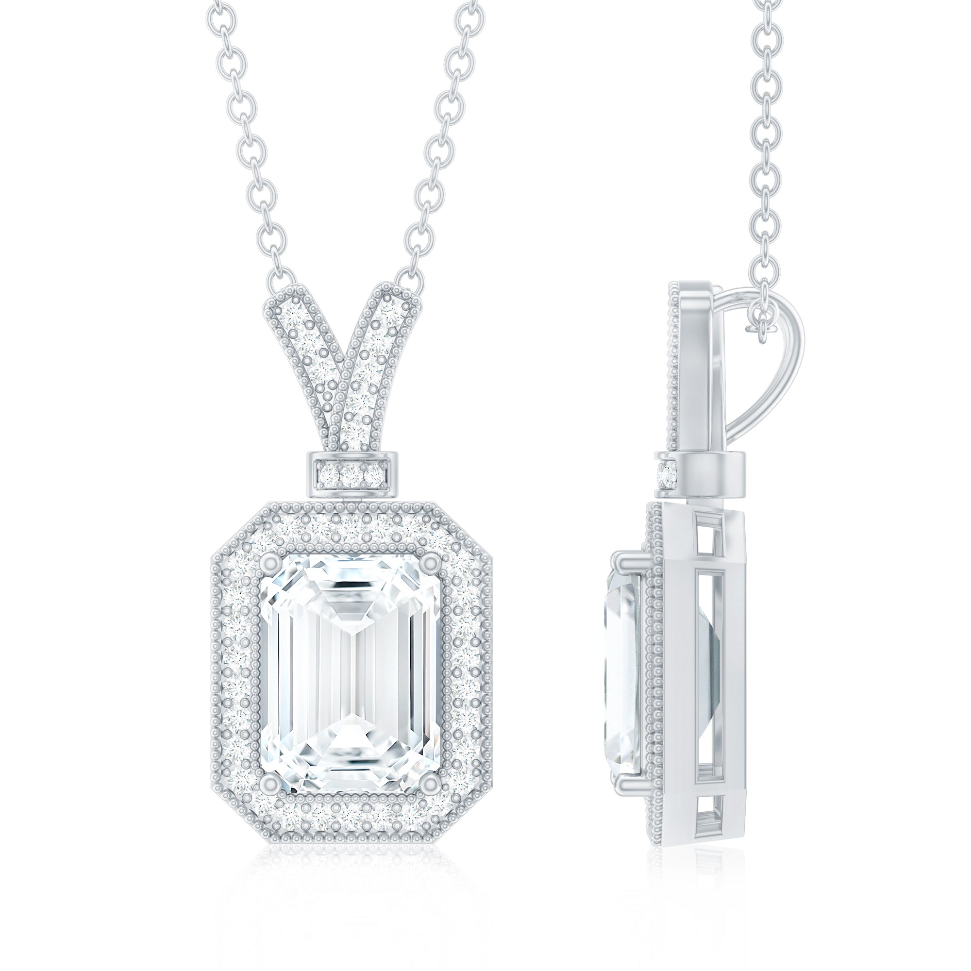 Lab Created Diamond 6X8 MM Emerald Cut Halo Necklace