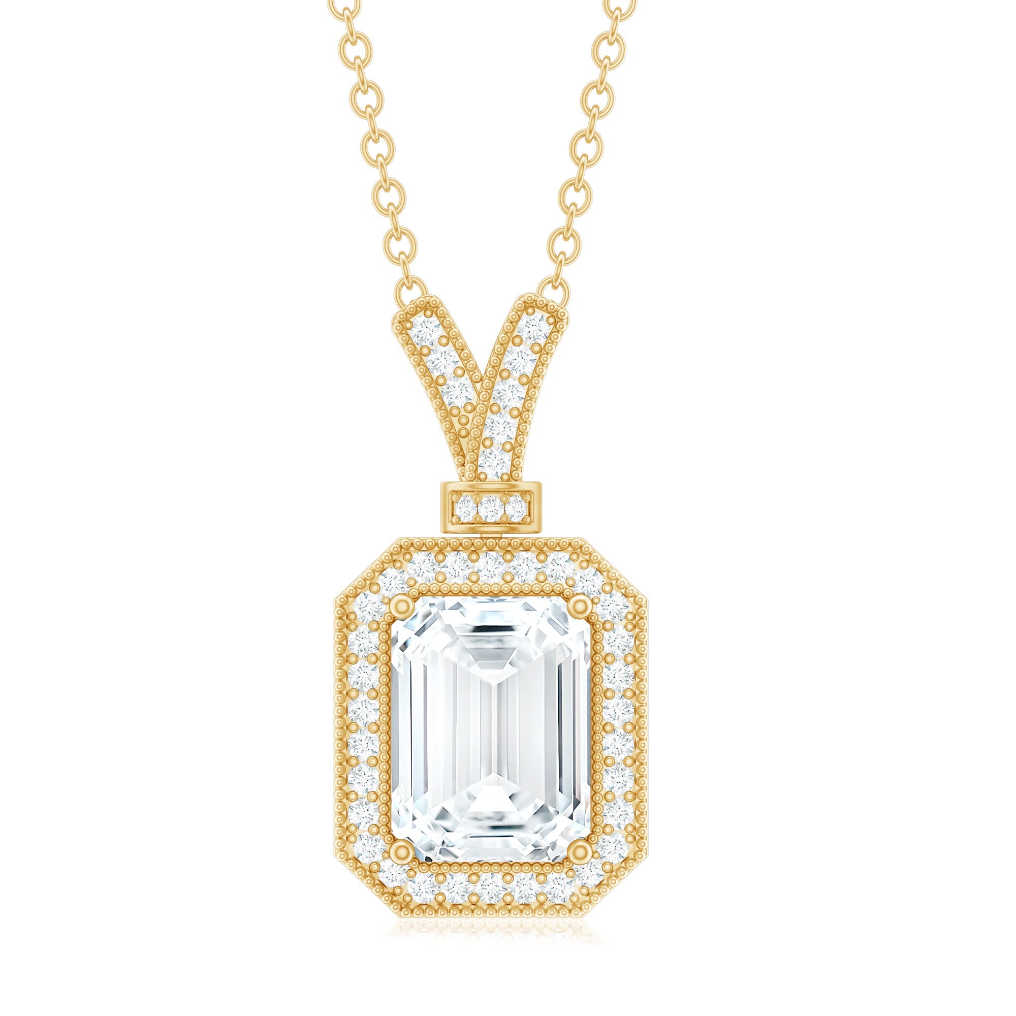 Lab Created Diamond 6X8 MM Emerald Cut Halo Necklace