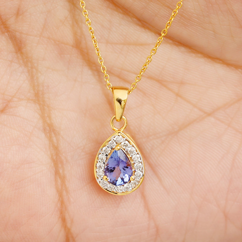 Tanzanite Teardrop Halo Pendant Necklace