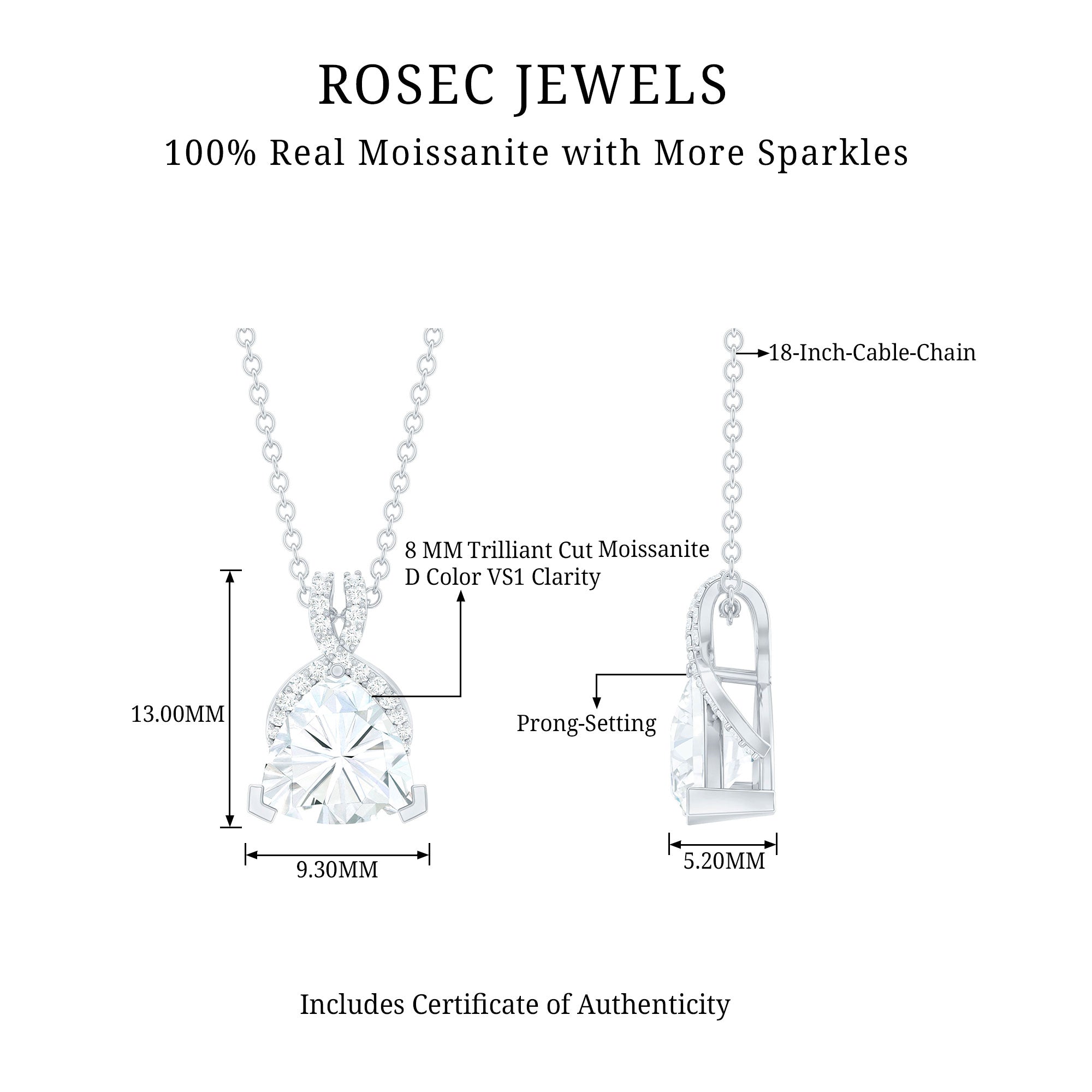 Trilliant Cut 8 MM Moissanite Designer Necklace with Silver Chain
