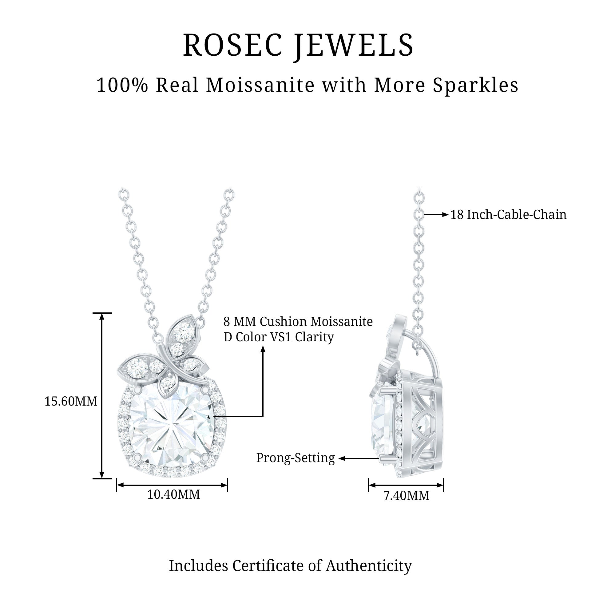 Certified 8 MM Moissanite Designer Necklace With Silver Chain