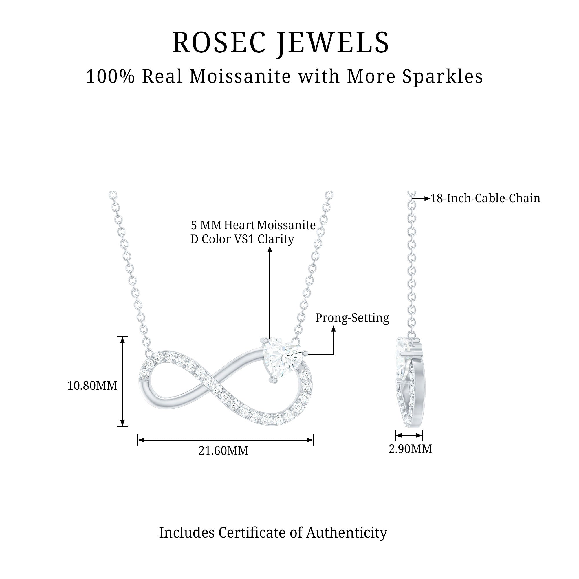 Certified Moissanite Heart Infinity Necklace in Silver