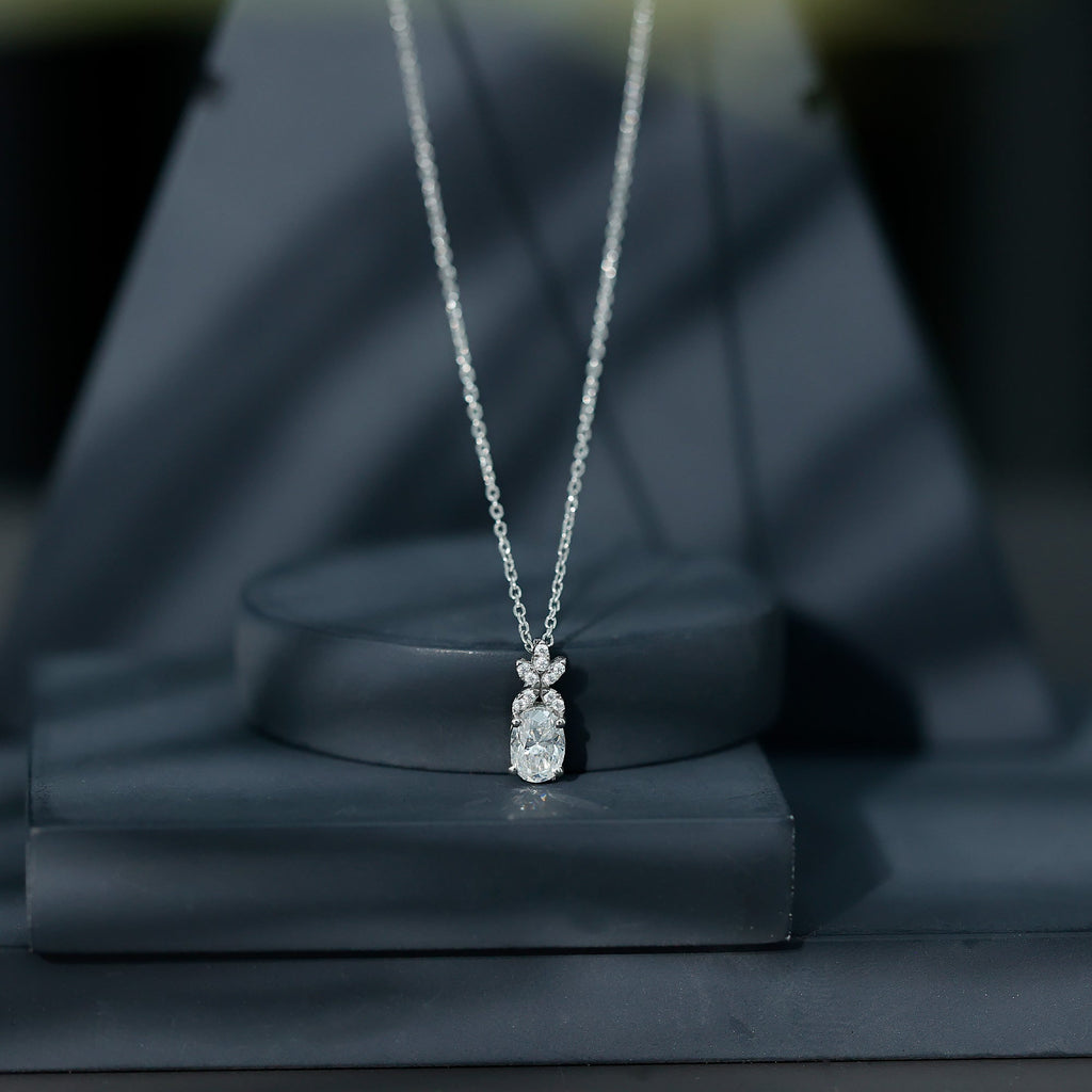 Certified 0.9 Carat Oval Shaped Moissanite Flower Pendant Necklace