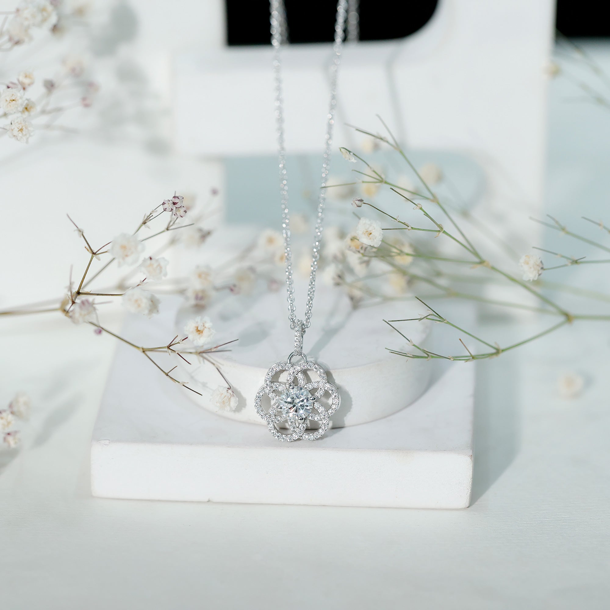 Certified Moissanite Flower Necklace with Silver Chain