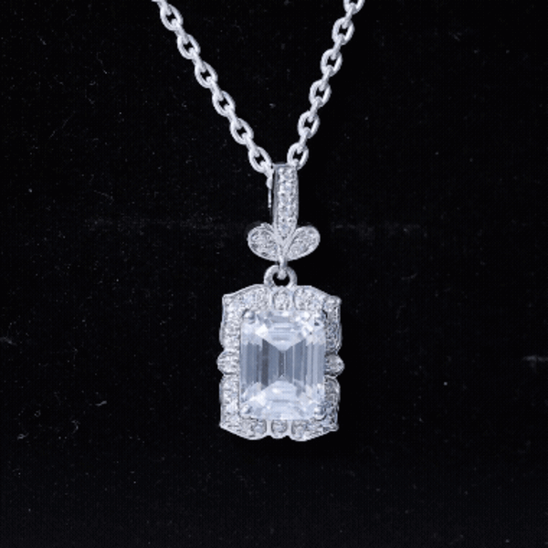 Vintage Inspired Moissanite Emerald Cut Necklace With Chain