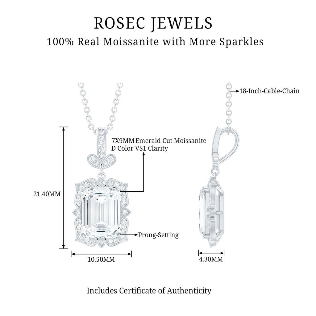 Vintage Inspired Moissanite Emerald Cut Necklace With Chain