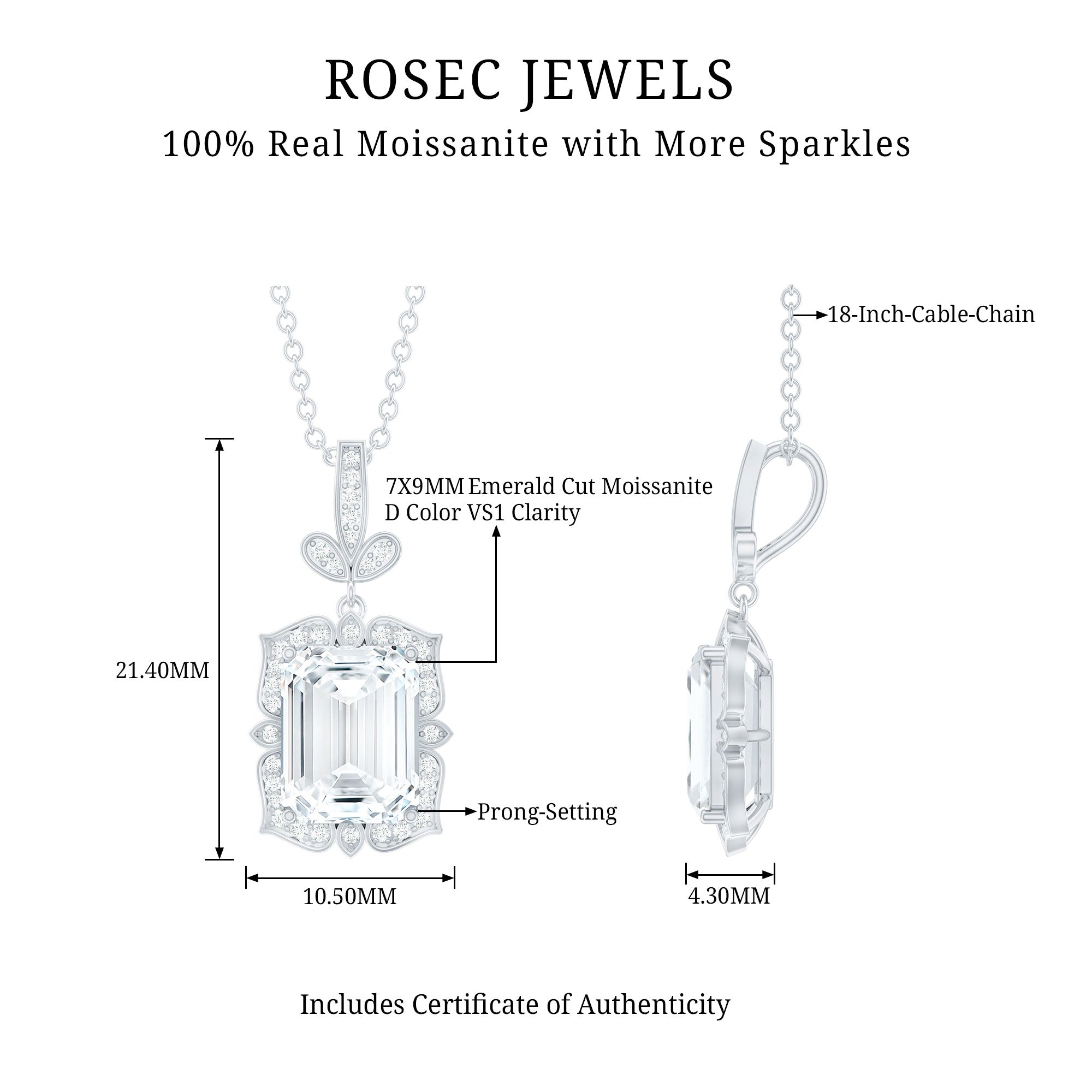 Vintage Inspired Moissanite Emerald Cut Necklace With Chain