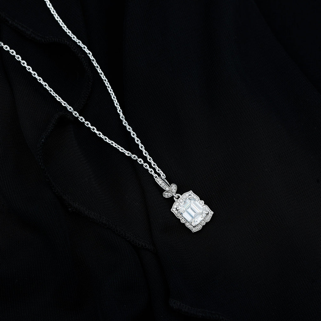 Vintage Inspired Moissanite Emerald Cut Necklace With Chain
