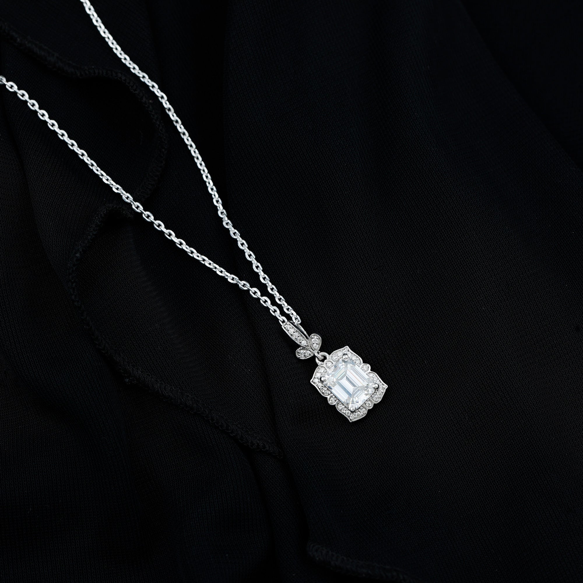 Vintage Inspired Moissanite Emerald Cut Necklace With Chain