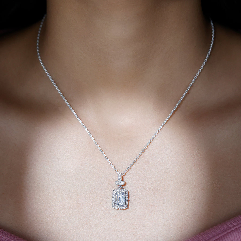 Vintage Inspired Moissanite Emerald Cut Necklace With Chain