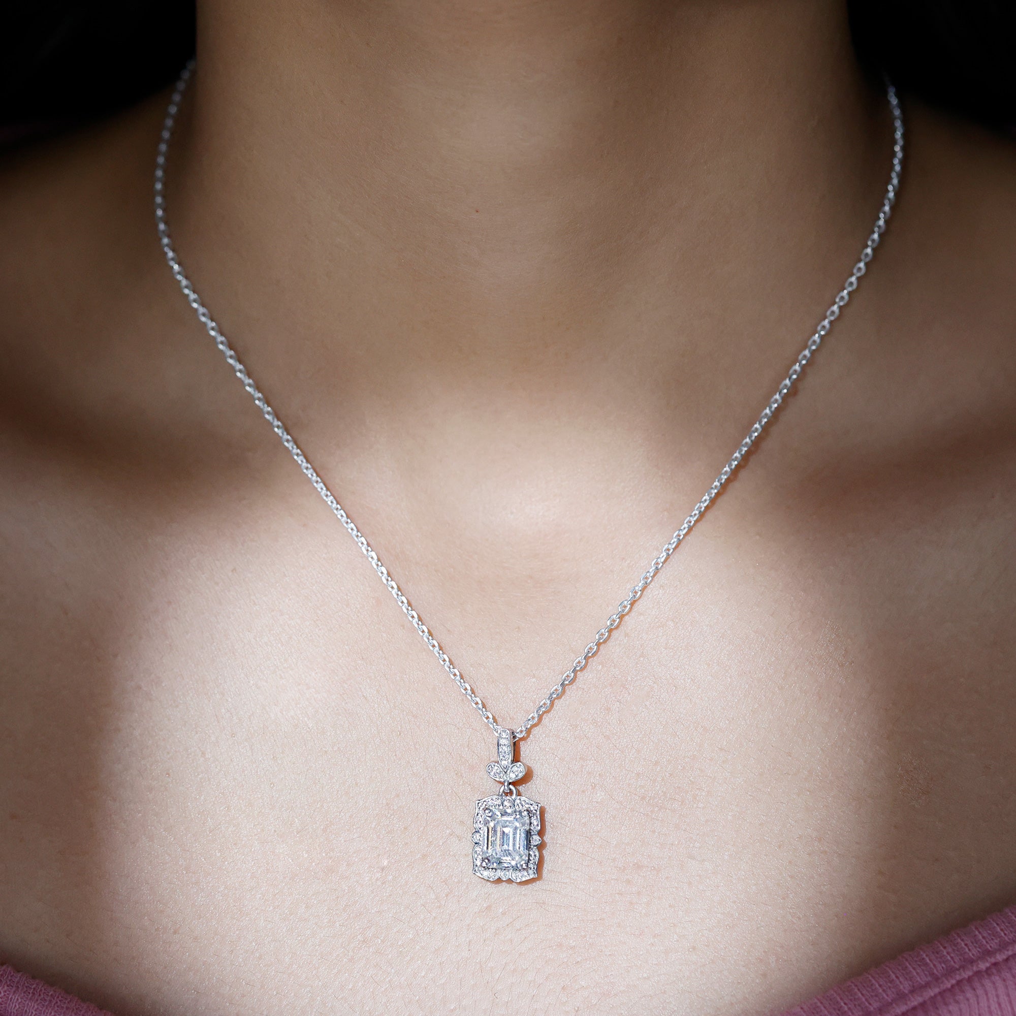 Vintage Inspired Moissanite Emerald Cut Necklace With Chain