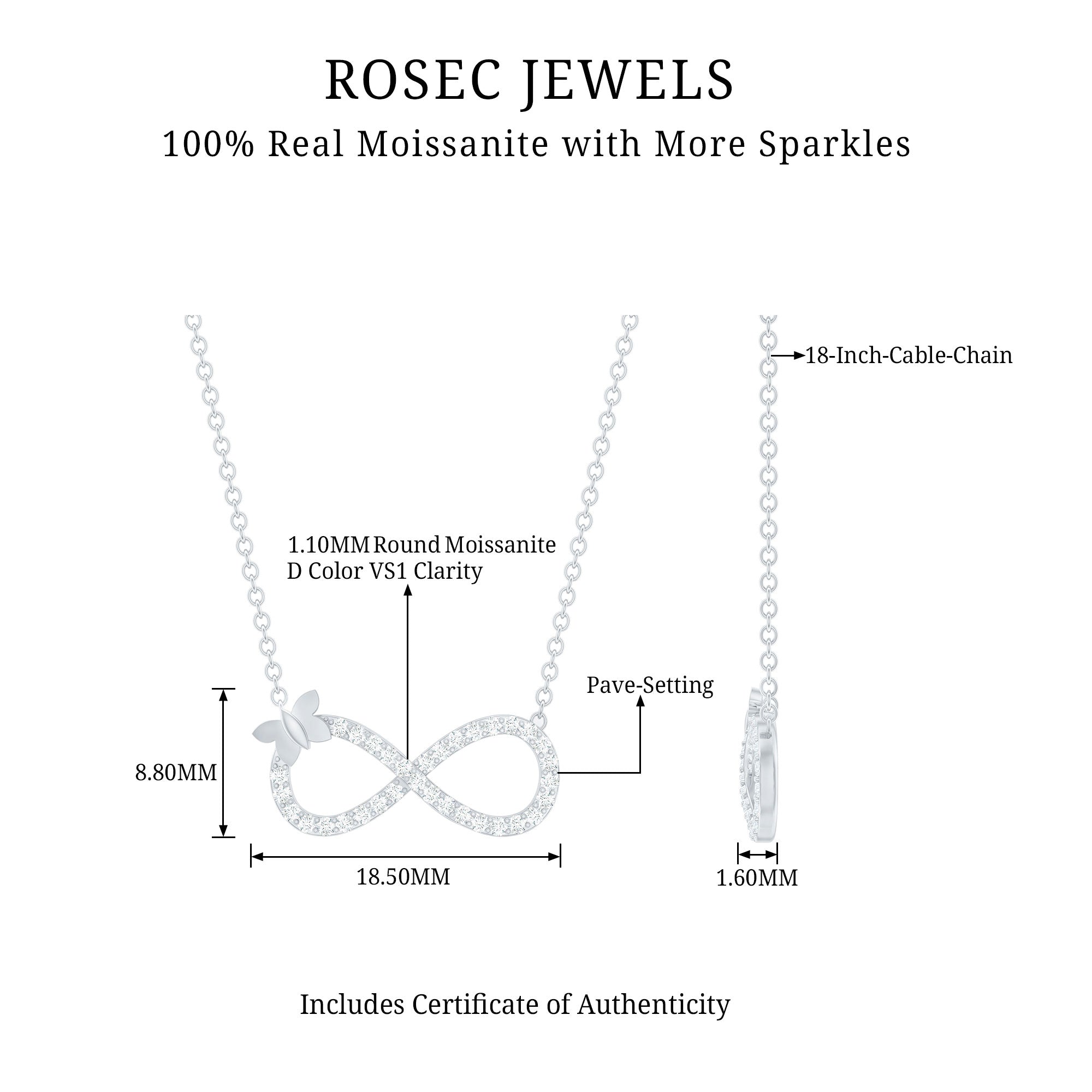 Certified Pave Set Moissanite Infinity Necklace with Butterfly
