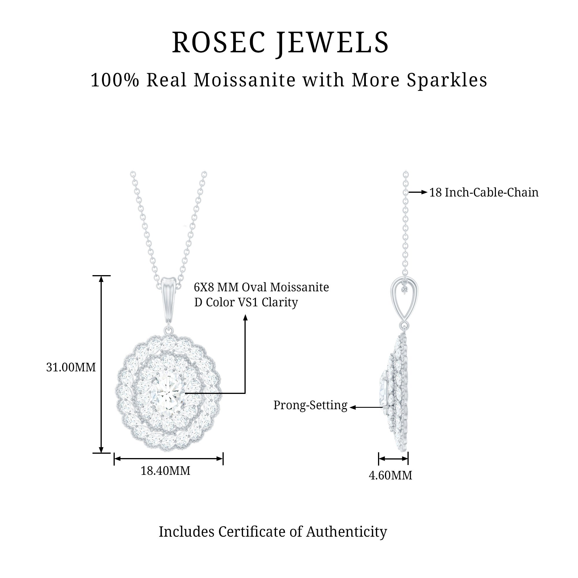 Certified 1.29 Carat Oval Moissanite Bridal Statement Necklace with Chain