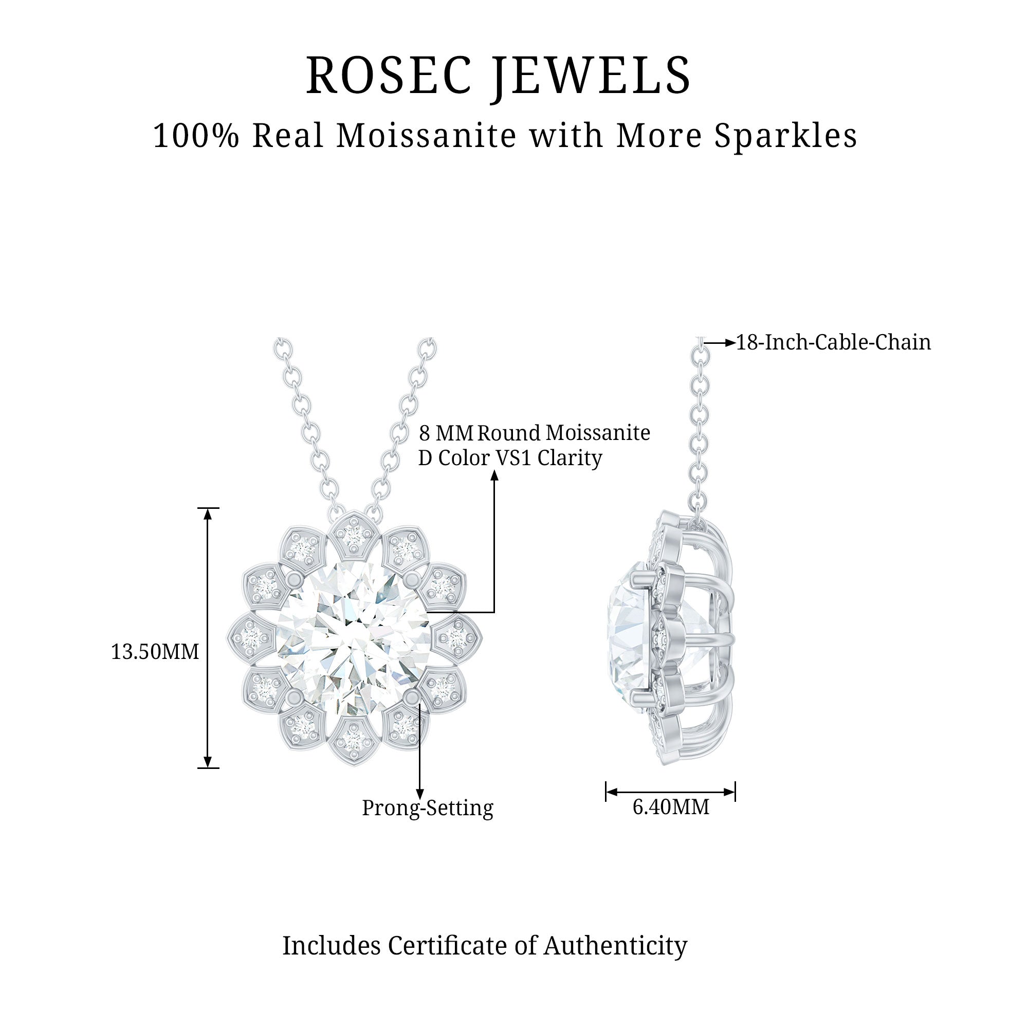 Certified 2 CT Moissanite Statement Flower Necklace with Silver Chain