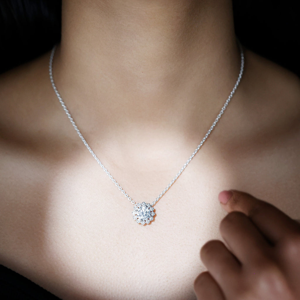 Certified 2 CT Moissanite Statement Flower Necklace with Silver Chain