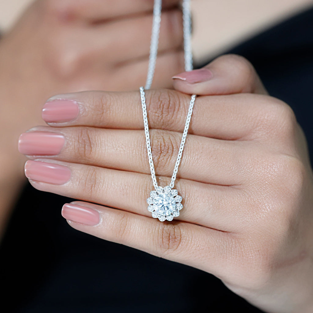 Certified 2 CT Moissanite Statement Flower Necklace with Silver Chain