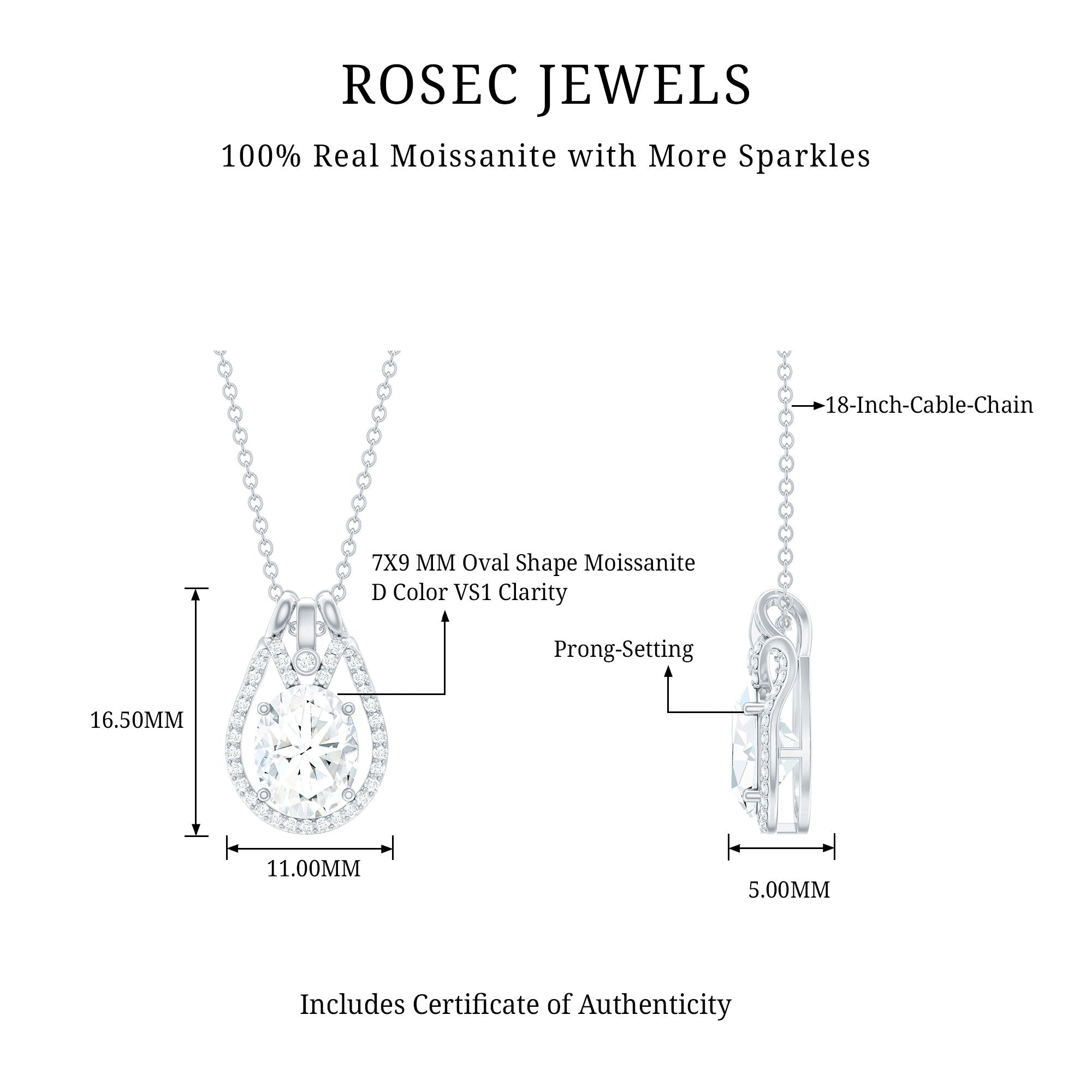 7X9 MM Oval Cut Moissanite Drop Necklace For Wedding