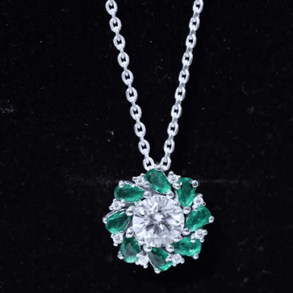 Certified Moissanite and Lab Emerald Flower Halo Pendant Necklace