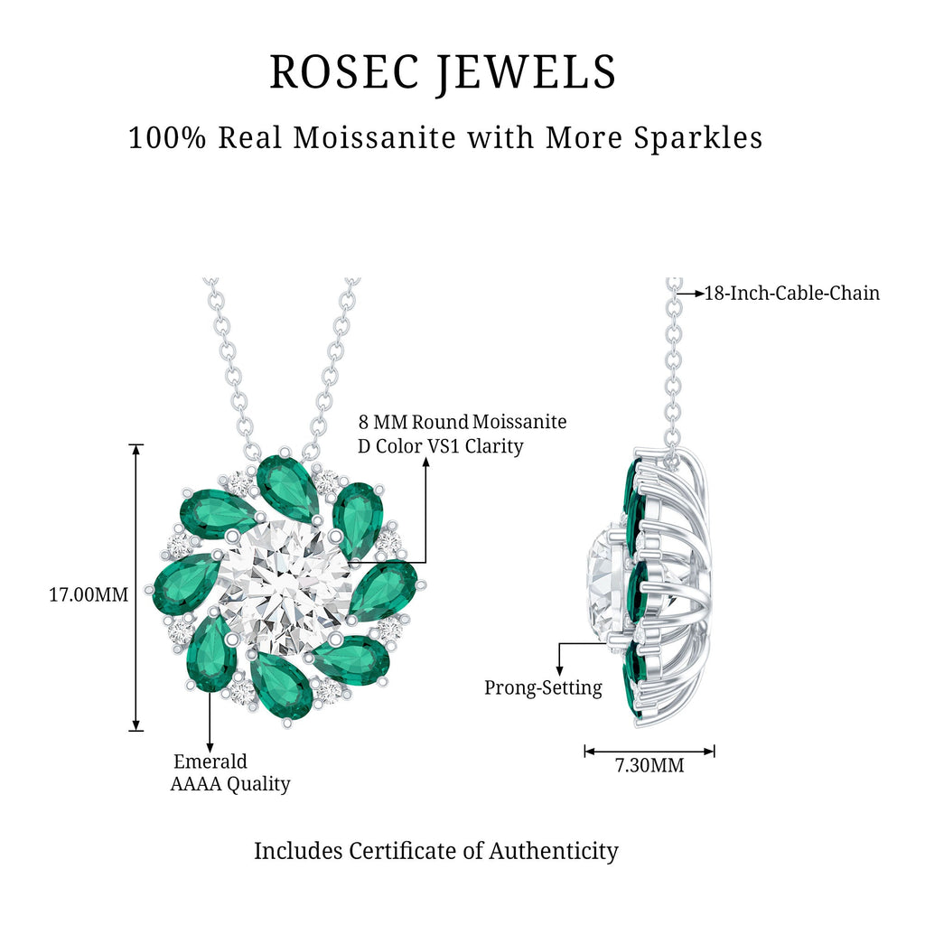 Certified Moissanite and Lab Emerald Flower Halo Pendant Necklace