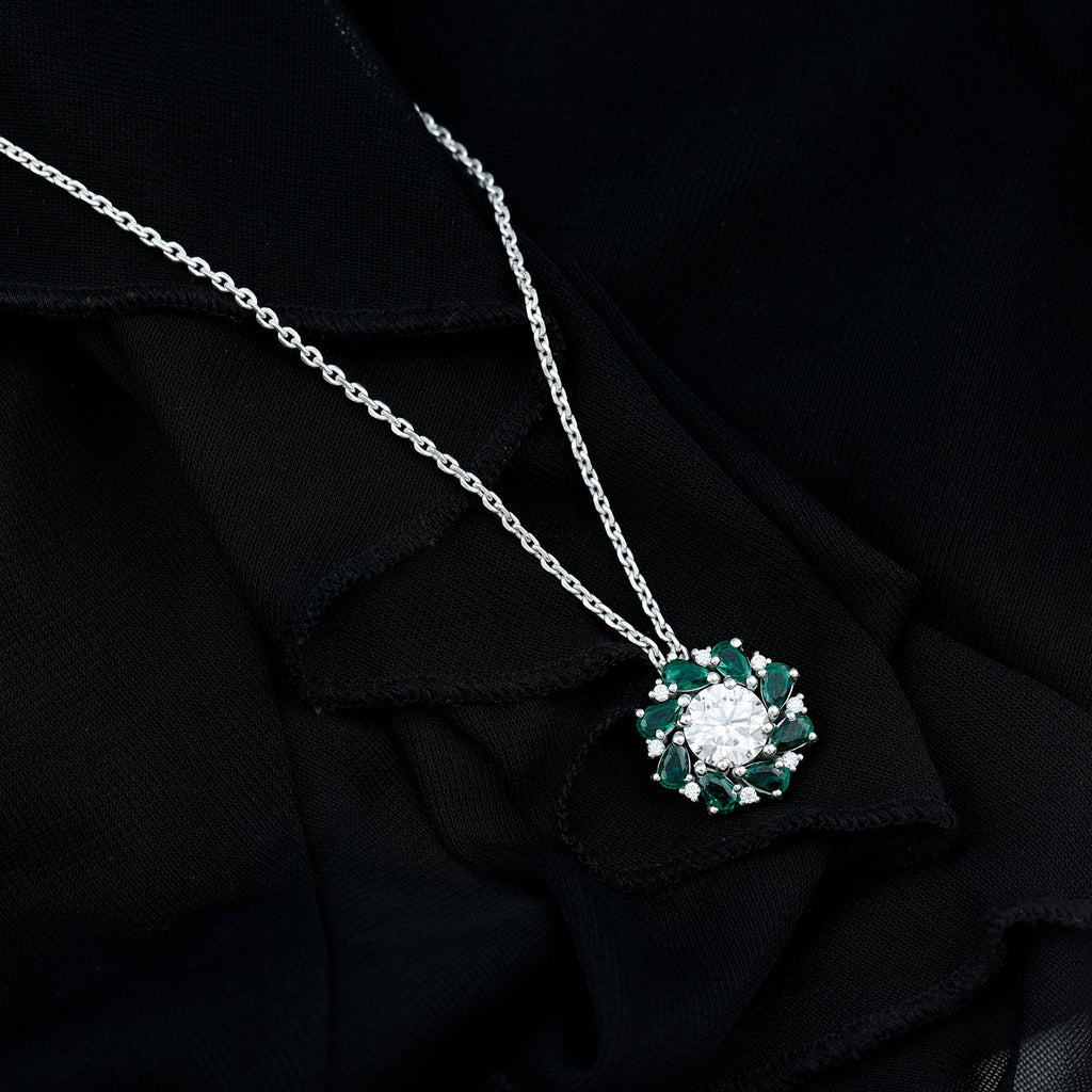 Certified Moissanite and Lab Emerald Flower Halo Pendant Necklace