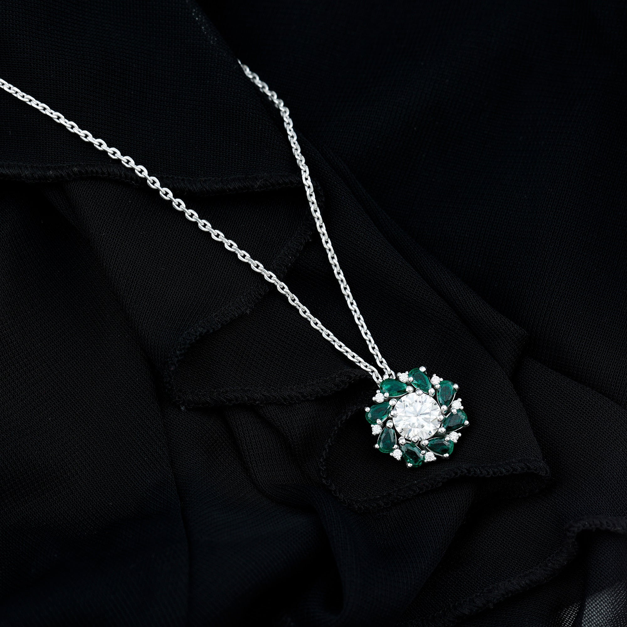 Certified Moissanite and Lab Emerald Flower Halo Pendant Necklace