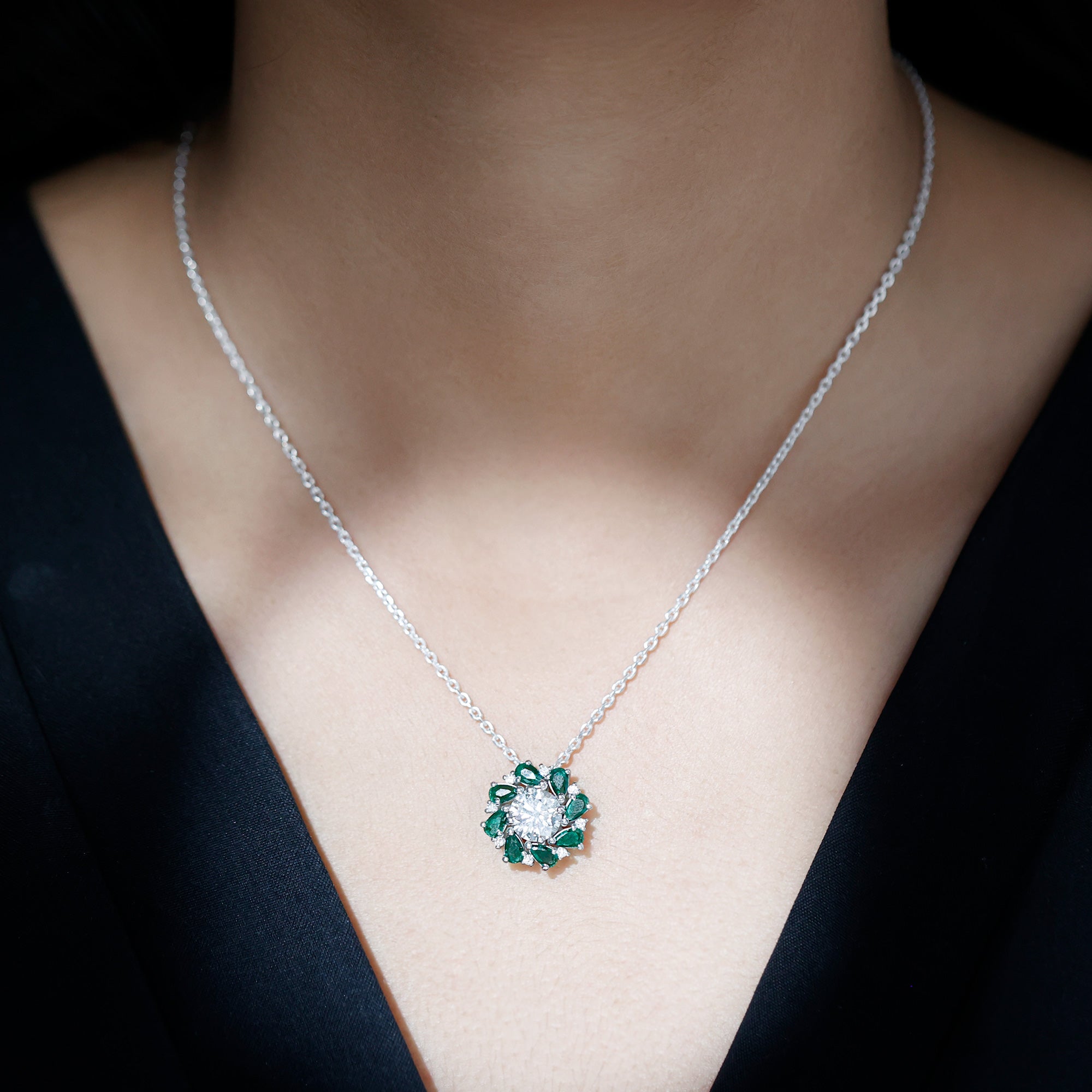 Certified Moissanite and Lab Emerald Flower Halo Pendant Necklace
