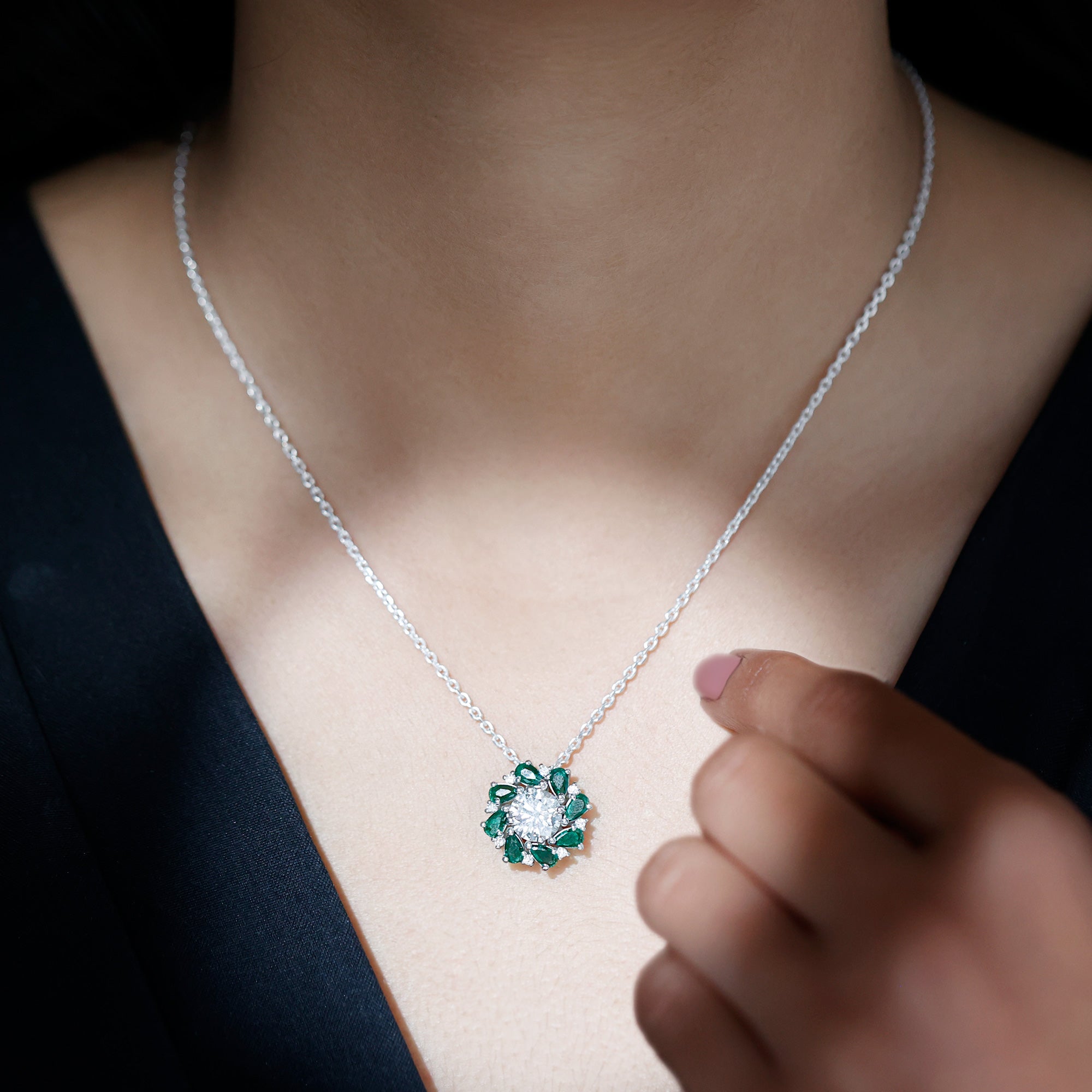 Certified Moissanite and Lab Emerald Flower Halo Pendant Necklace