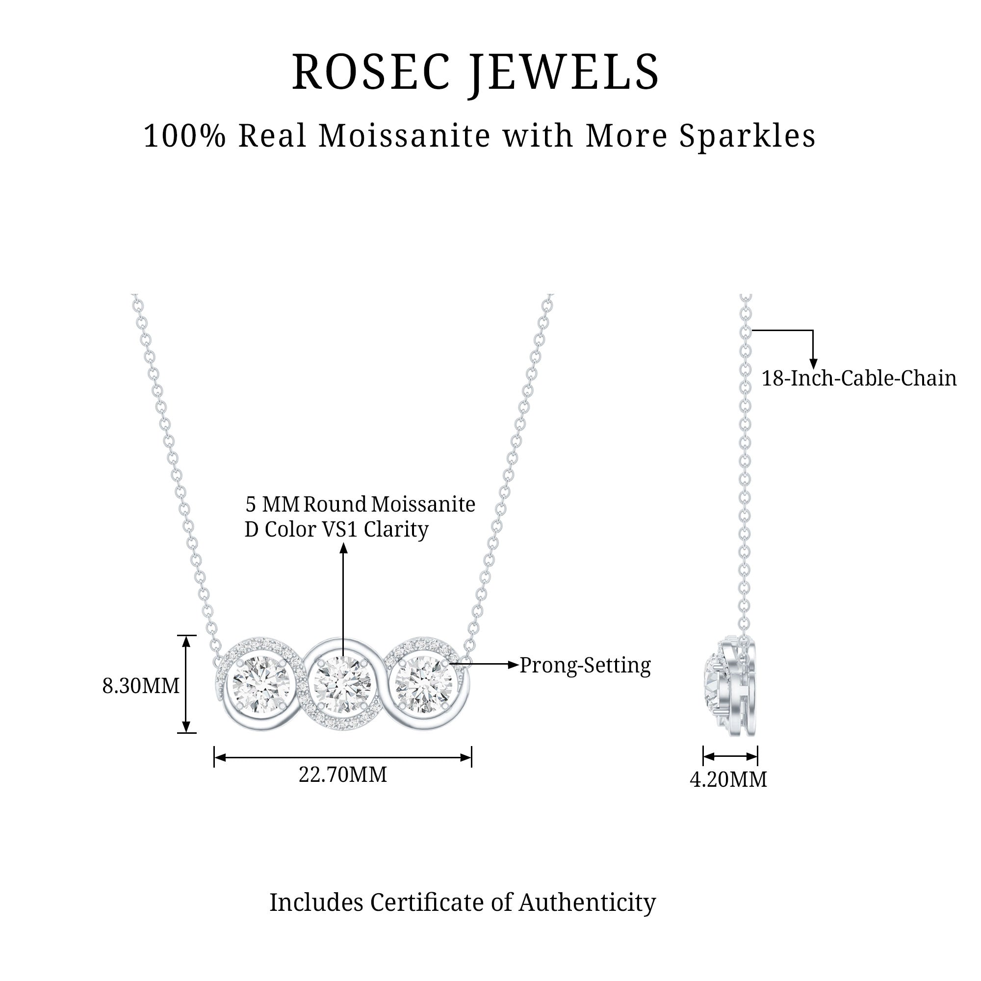 Certified Round Moissanite 3 Stone Bar Necklace with Silver Chain