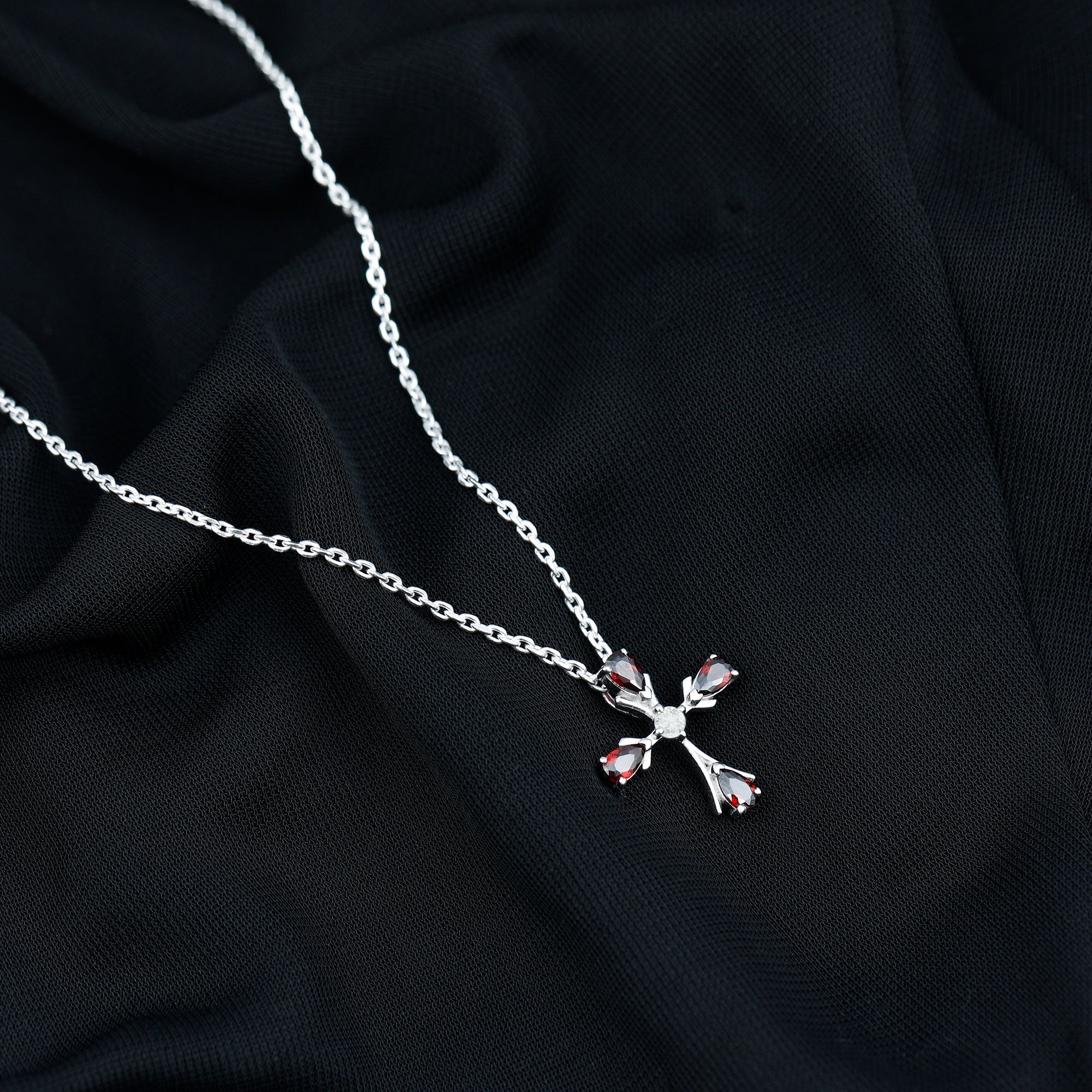 Real Garnet Designer Cross Necklace with Silver Chain